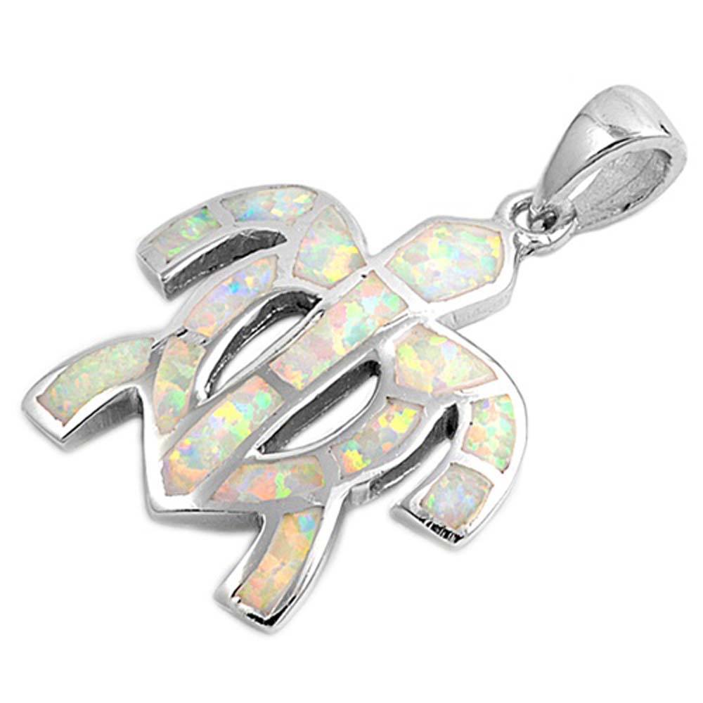 Sterling Silver Fancy Modish White Lab Opal Turtle Pendant with Pendant Height of 21MM