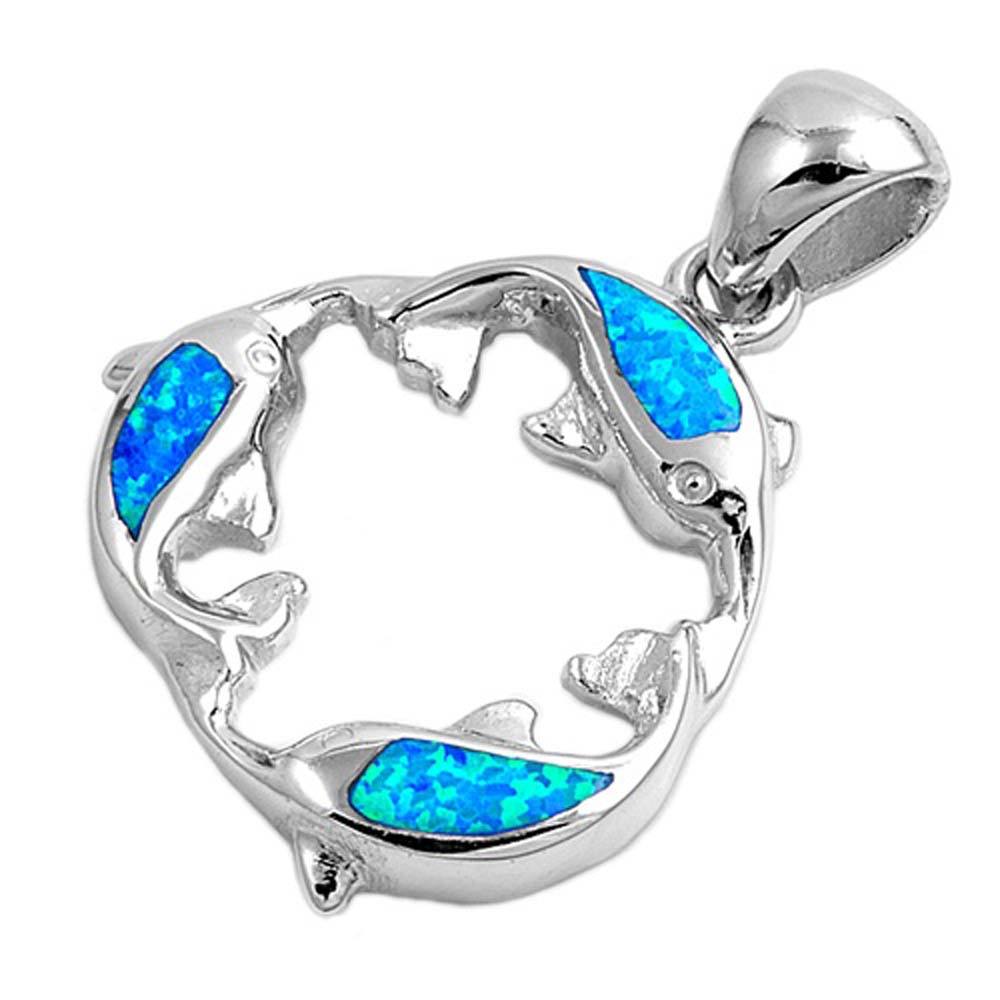 Sterling Silver Dolphin Shape Blue Lab Opal PendantAnd Pendant Height 27mm