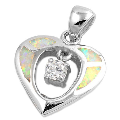 Sterling Silver Heart Shape White Lab Opal Pendant  CZ StoneAnd Pendant Height 17mm