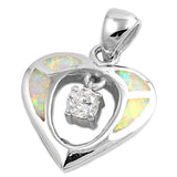 Sterling Silver Heart Shape White Lab Opal Pendant  CZ StoneAnd Pendant Height 17mm