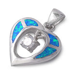 Sterling Silver Fancy Blue Lab Opal Open Cut Heart with Floating Clear CZ StoneAnd Pendant Height of 17MM