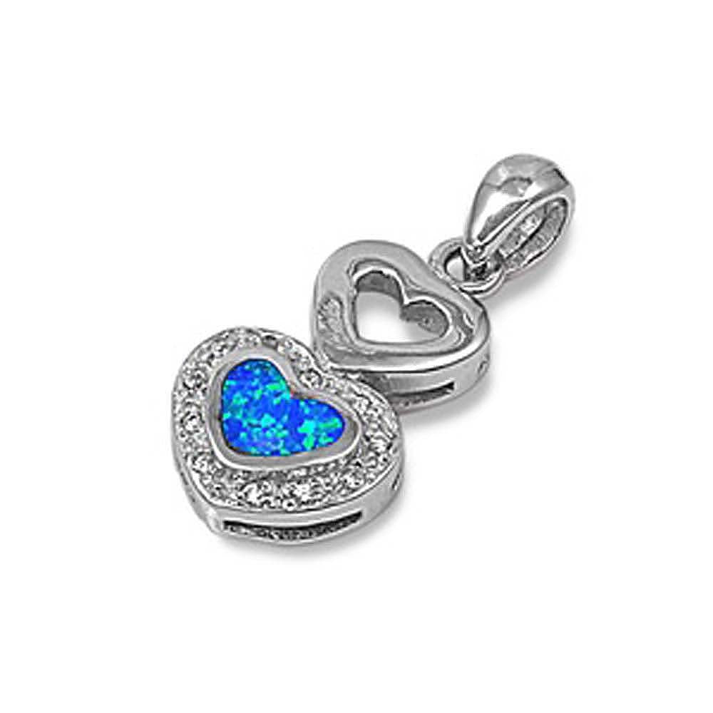 Sterling Silver Trendy Open Cut Plain Heart and Blue Lab Opal Heart with Round Clear CZ StoneAnd Pendant Height of 19MM