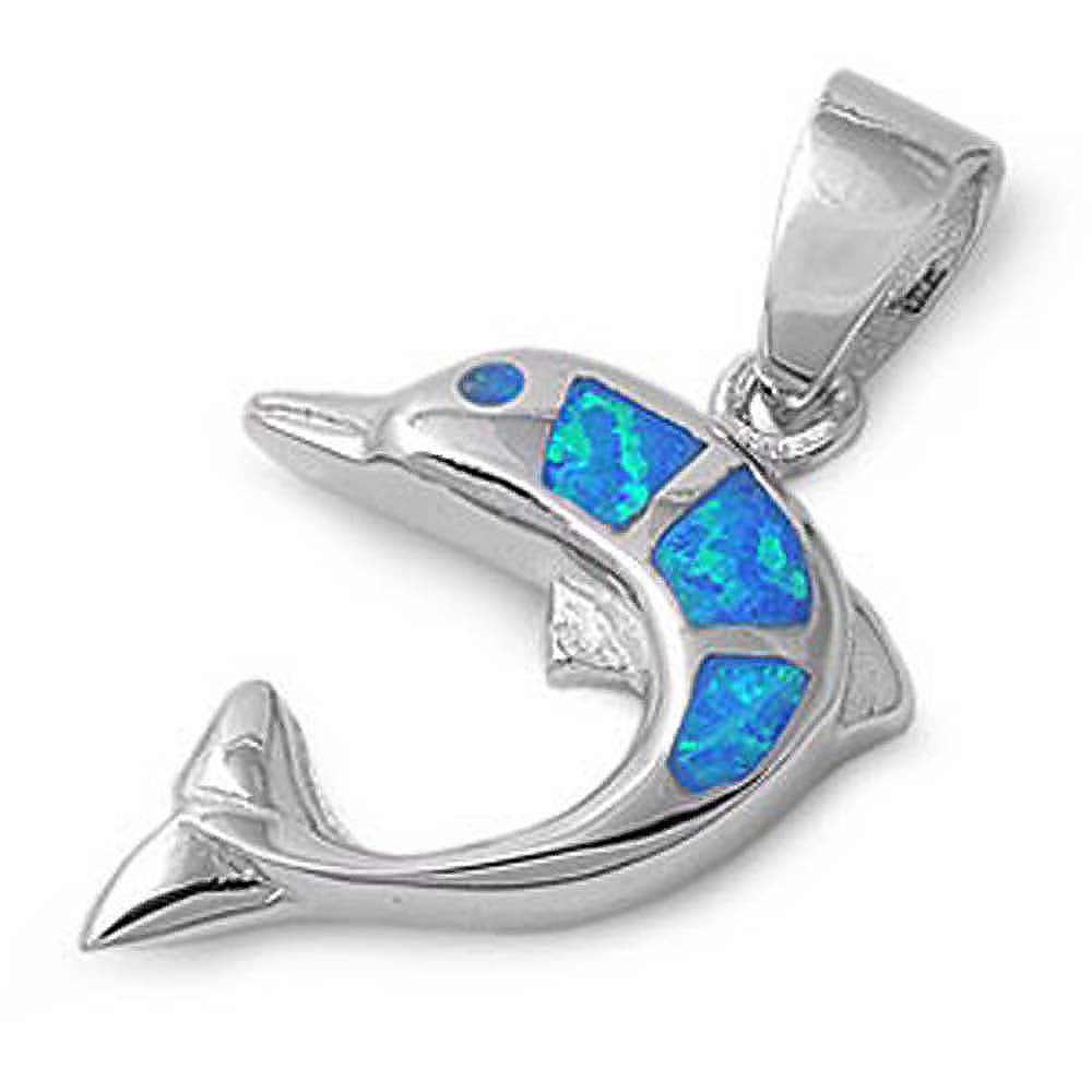 Sterling Silver Stylish Dolphin with Blue Lab Opal PendantAnd Pendant Height of 20MM