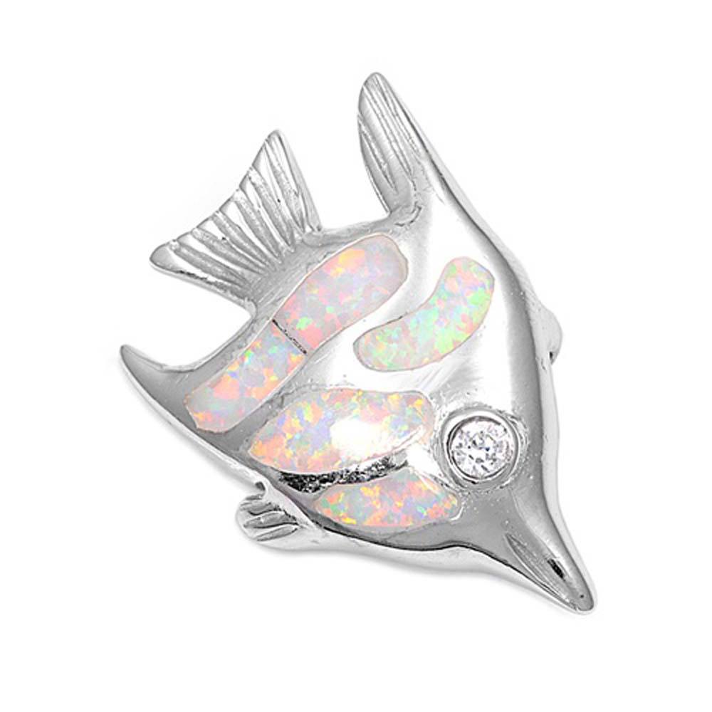 Sterling Silver Fish Shape White Lab Opal Pendant with CZ StoneAnd Pendant Height 18mm