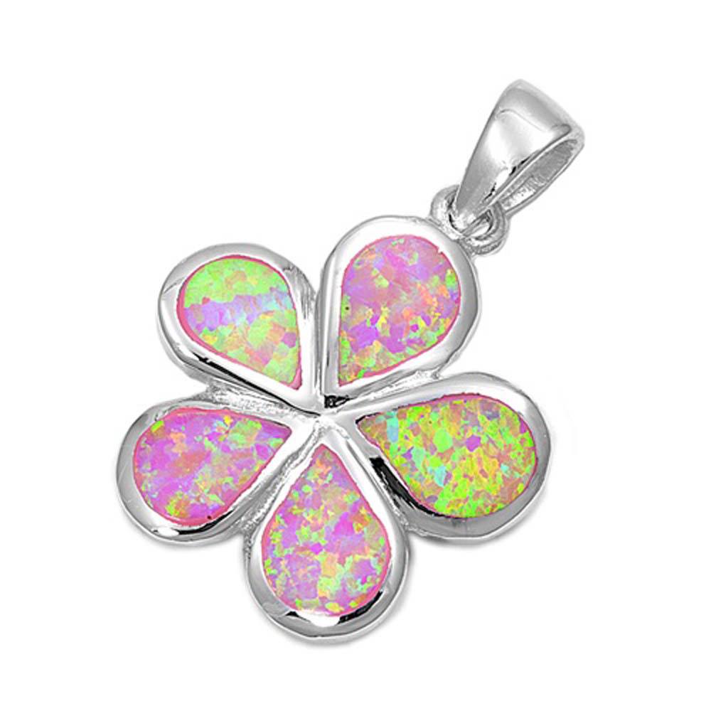 Sterling Silver Plumeria Shape Pink Lab Opal PendantAnd Pendant Height 20mm