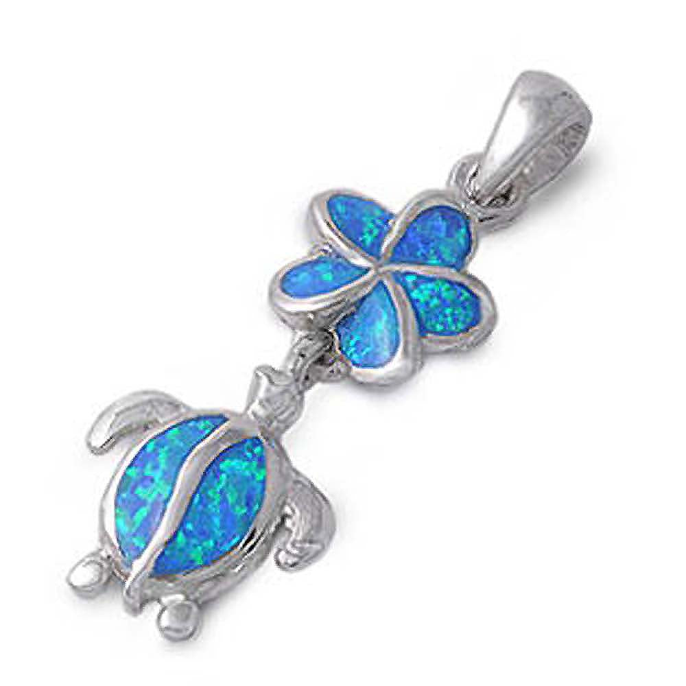 Sterling Silver Fancy Blue Lab Opal Turtle and Plumeria Pendant with Pendant Height of 28MM