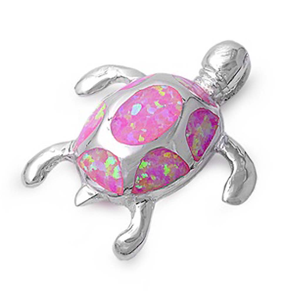 Sterling Silver Modish Turtle with Pink Lab Opal PendantAnd Pendant Height of 24MM