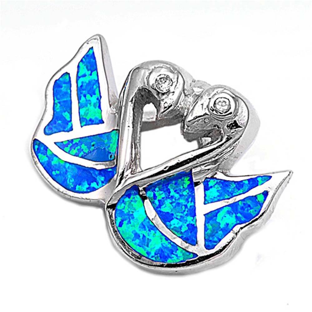 Sterling Silver Swan Shape Blue Lab Opal Pendant  CZ StonesAnd Pendant Height 18mm