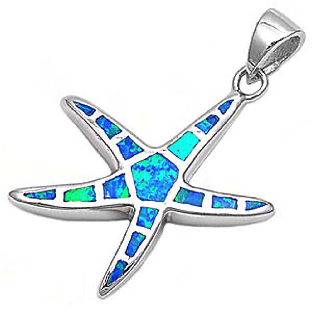 Sterling Silver Trendy Blue Lab Opal Starfish Pendant with Pendant Height of 33MM