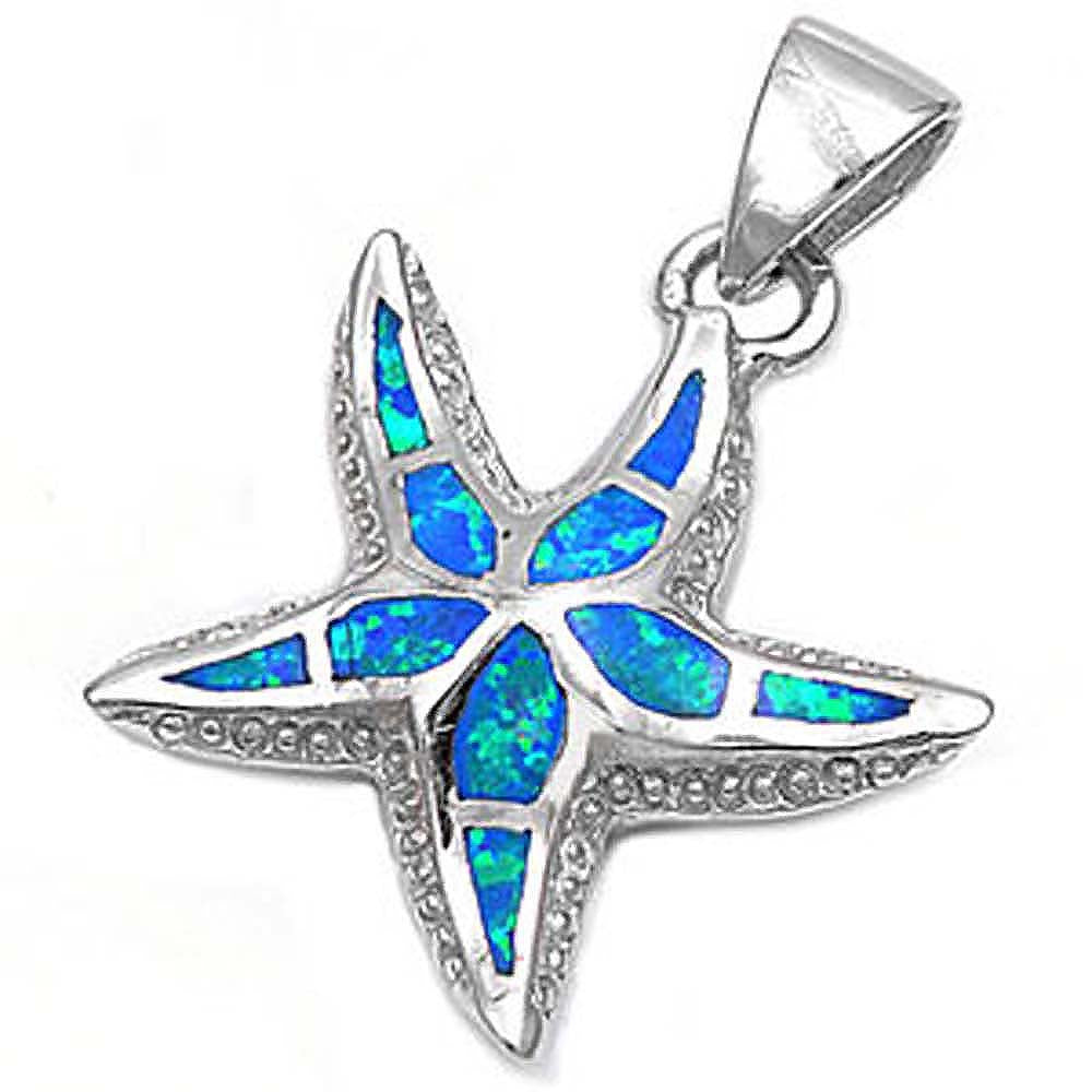 Sterling Silver Blue Lab Opal Starfish with Fancy EdgeAnd Pendant Height of 20MM