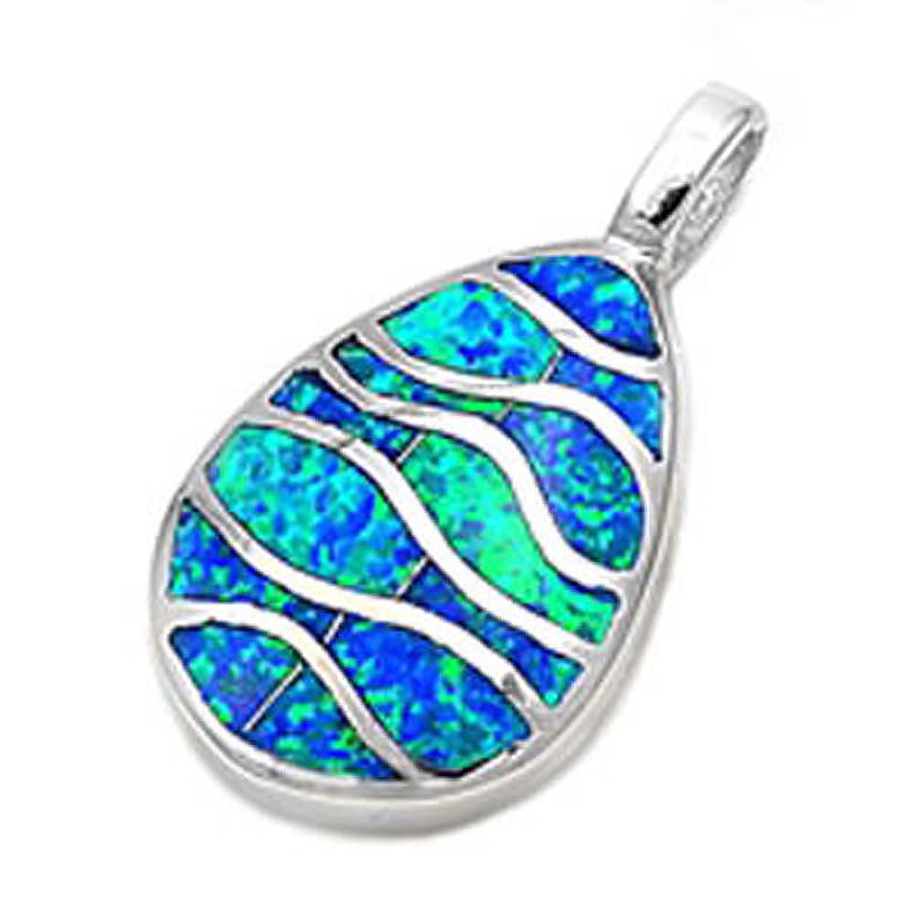 Sterling Silver Fancy Gorgeous Blue Lab Opal Pear Shape with PatternAnd Pendant Height of 23MM