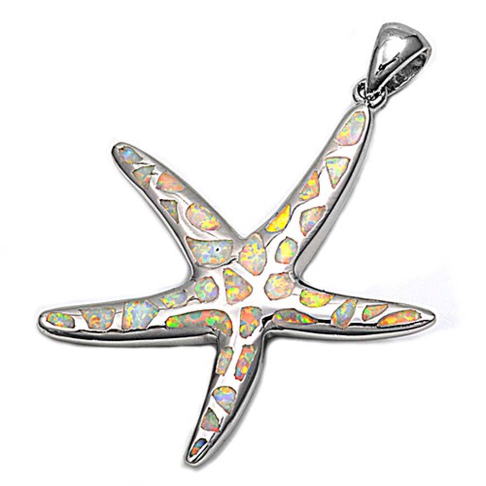 Sterling Silver Starfish Shape White Lab Opal PendantAnd Pendant Height 41mm