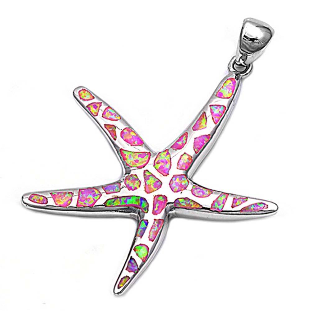 Sterling Silver Starfish Shape Pink Lab Opal PendantAnd Pendant Height 41mm