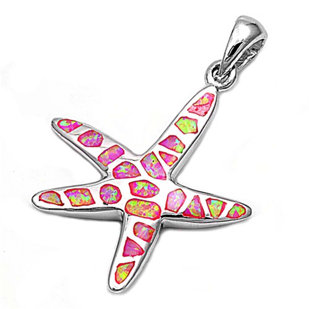 Sterling Silver Starfish Shape Pink Lab Opal PendantAnd Pendant Height 28mm