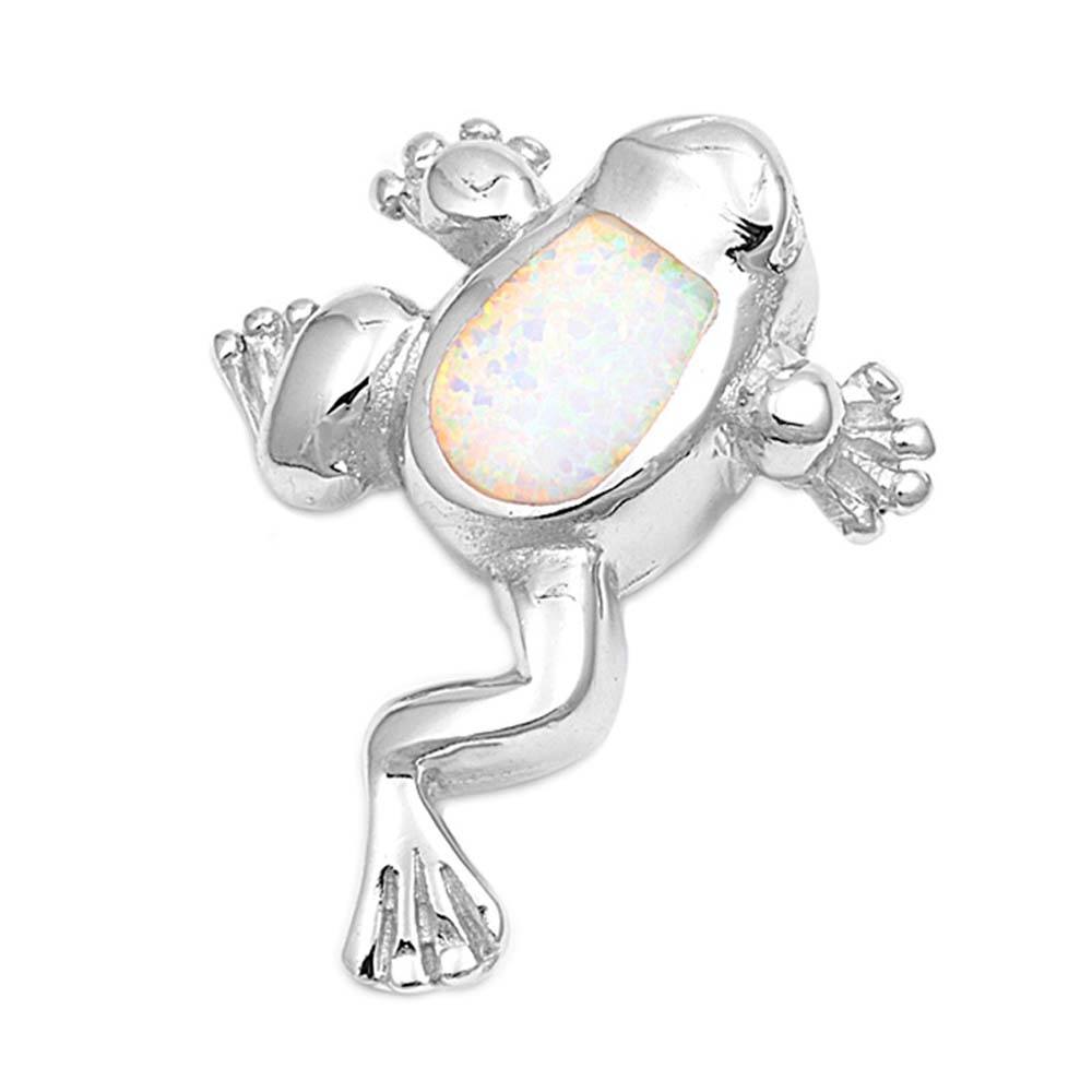 Sterling Silver Stylish Frog with White Lab Opal Pendant with Pendant Height of 27MM