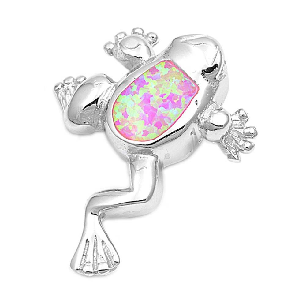 Sterling Silver Stylish Frog with Pink Lab Opal Pendant with Pendant Height of 27MM