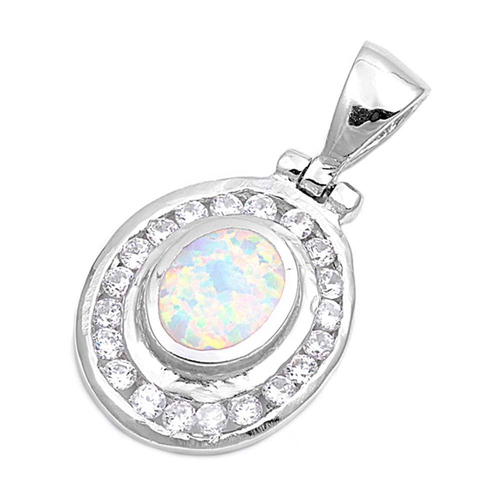 Sterling Silver Elegant Style Oval White Lab Opal with Round Clear CZ StoneAnd Pendant Height of 22MM