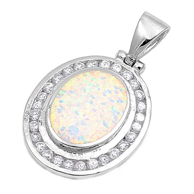 Sterling Silver Oval Shape White Lab Opal Pendant with CZ StonesAnd Pendant Height 29mm