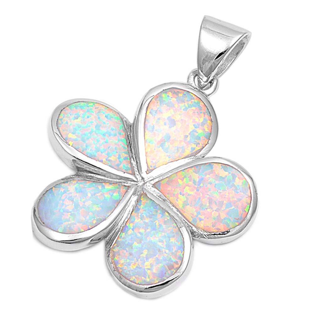 Sterling Silver Flower Shape White Lab Opal PendantAnd Pendant Height 29mm