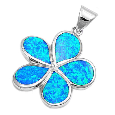 Sterling Silver Flower Shape Blue Lab Opal PendantAnd Pendant Height 29mm