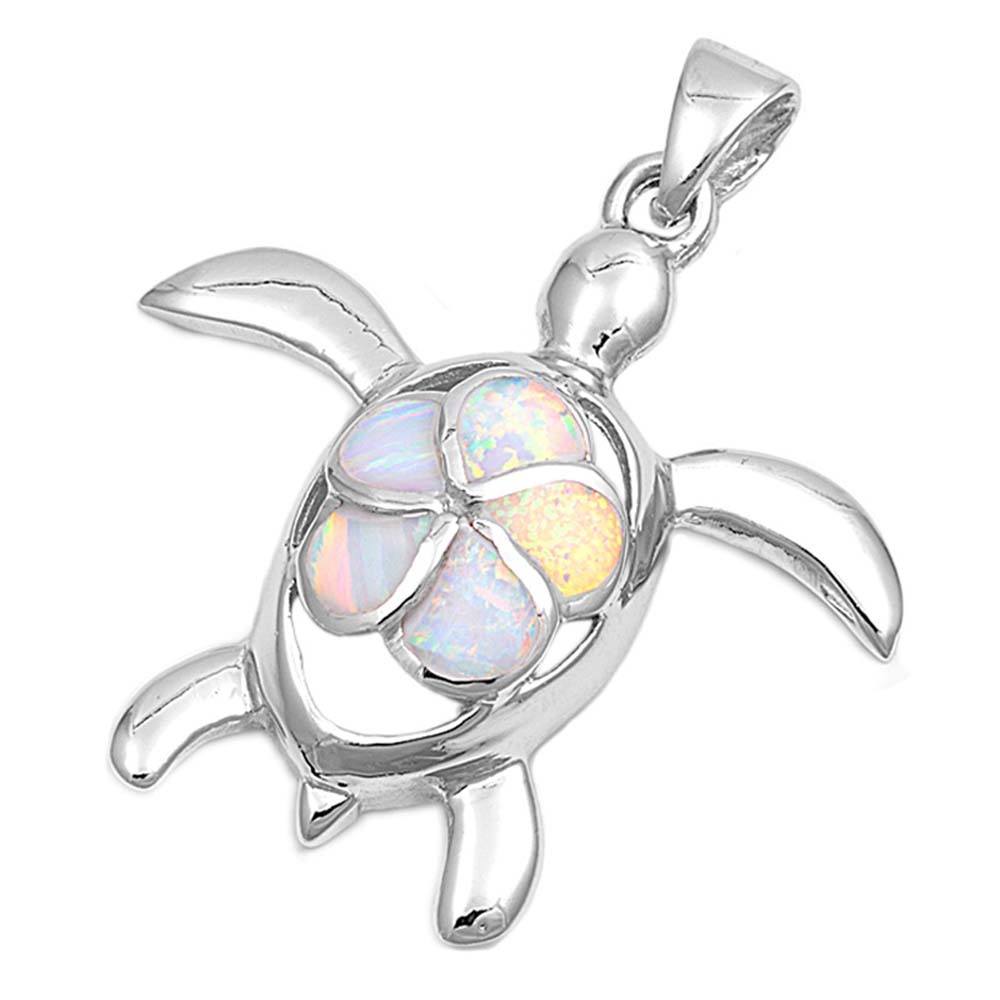 Sterling Silver Turtle And Plumeria Shape White Lab Opal PendantAnd Pendant Height 33mm