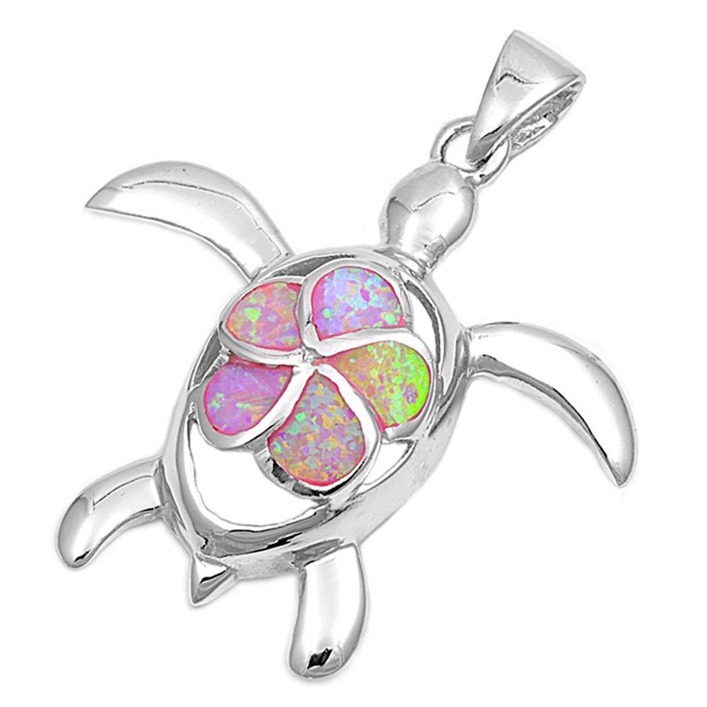 Sterling Silver Turtle And Plumeria Shape Pink Lab Opal PendantAnd Pendant Height 33mm
