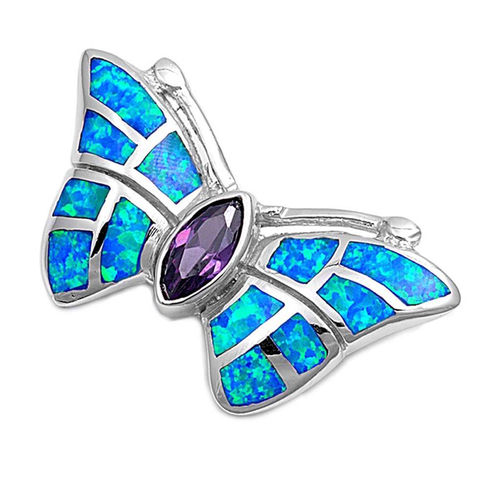 Sterling Silver Butterfly Shape Blue Lab Opal Pendant  Amethyst CZAnd Pendant Height 21mm