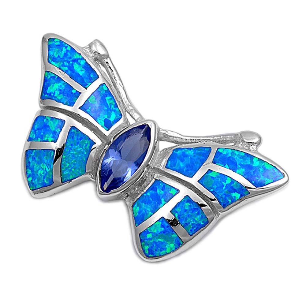 Sterling Silver Butterfly Shape  lue Lab Opal Pendant with Blue Sapphire and  CZAnd Pendant Height 21mm