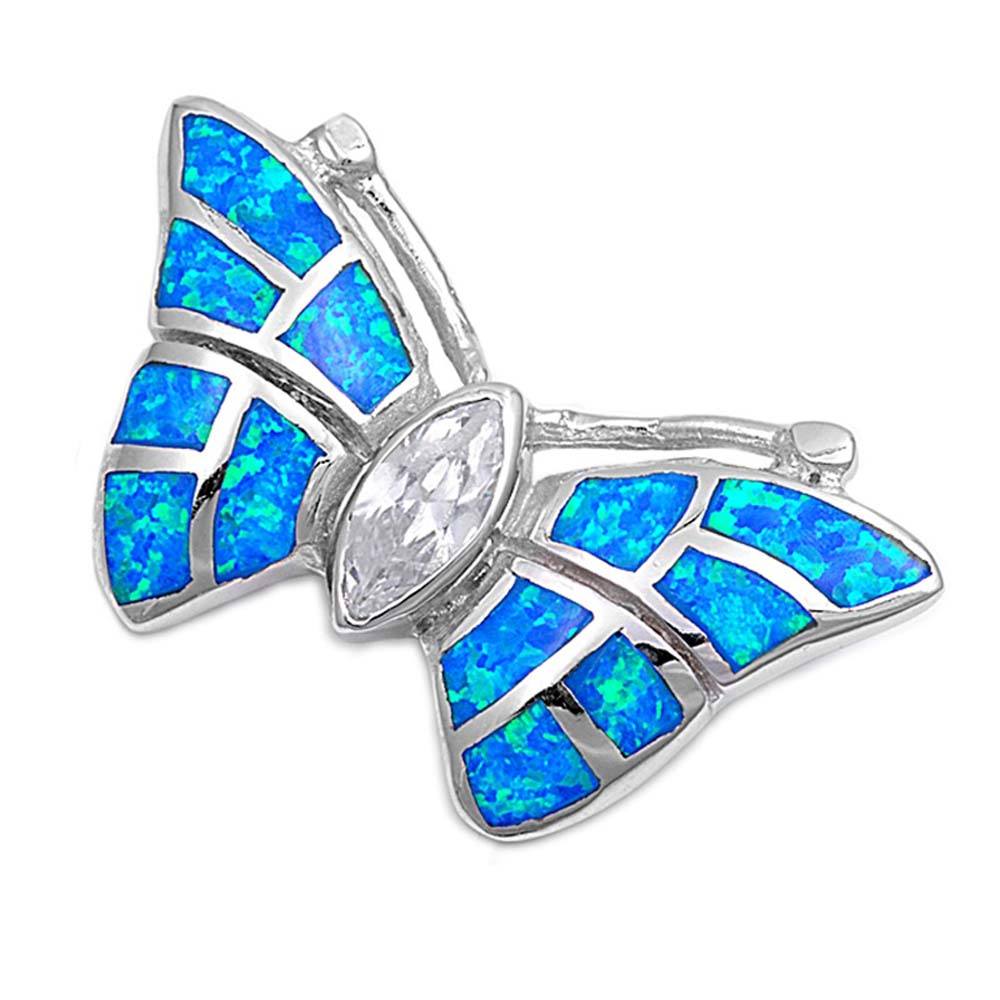 Sterling Silver Butterfly Shape Blue Lab Opal Pendant  with CZ StoneAnd Pendant Height 21mm