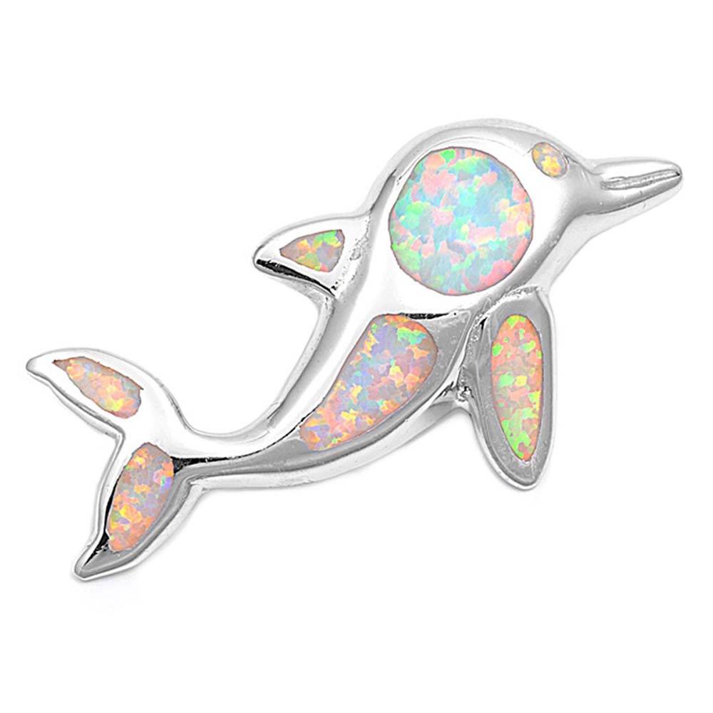 Sterling Silver Fancy Dolphin with Pink Lab Opal PendantAnd Pendant Height of 40MM
