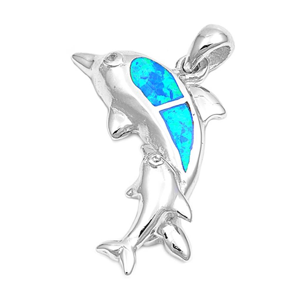 Sterling Silver Fancy Dolphin with Baby Dolphin and Blue Lab Opal PendantAnd Pendant Height of 40MM