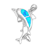 Sterling Silver Fancy Dolphin with Baby Dolphin and Blue Lab Opal PendantAnd Pendant Height of 40MM