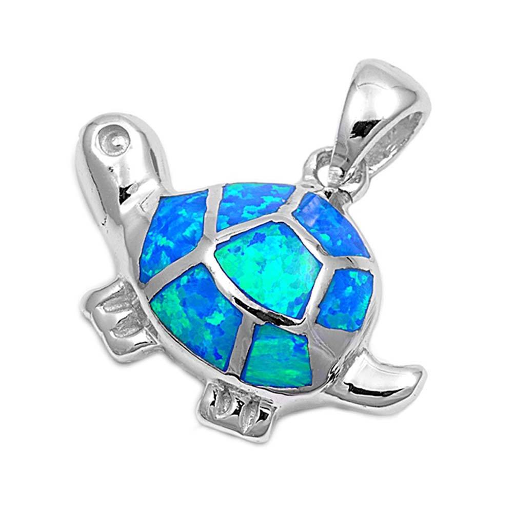 Sterling Silver Stylish Modern Turtle with Blue Lab Opal PendantAnd Pendant Height of 18MM
