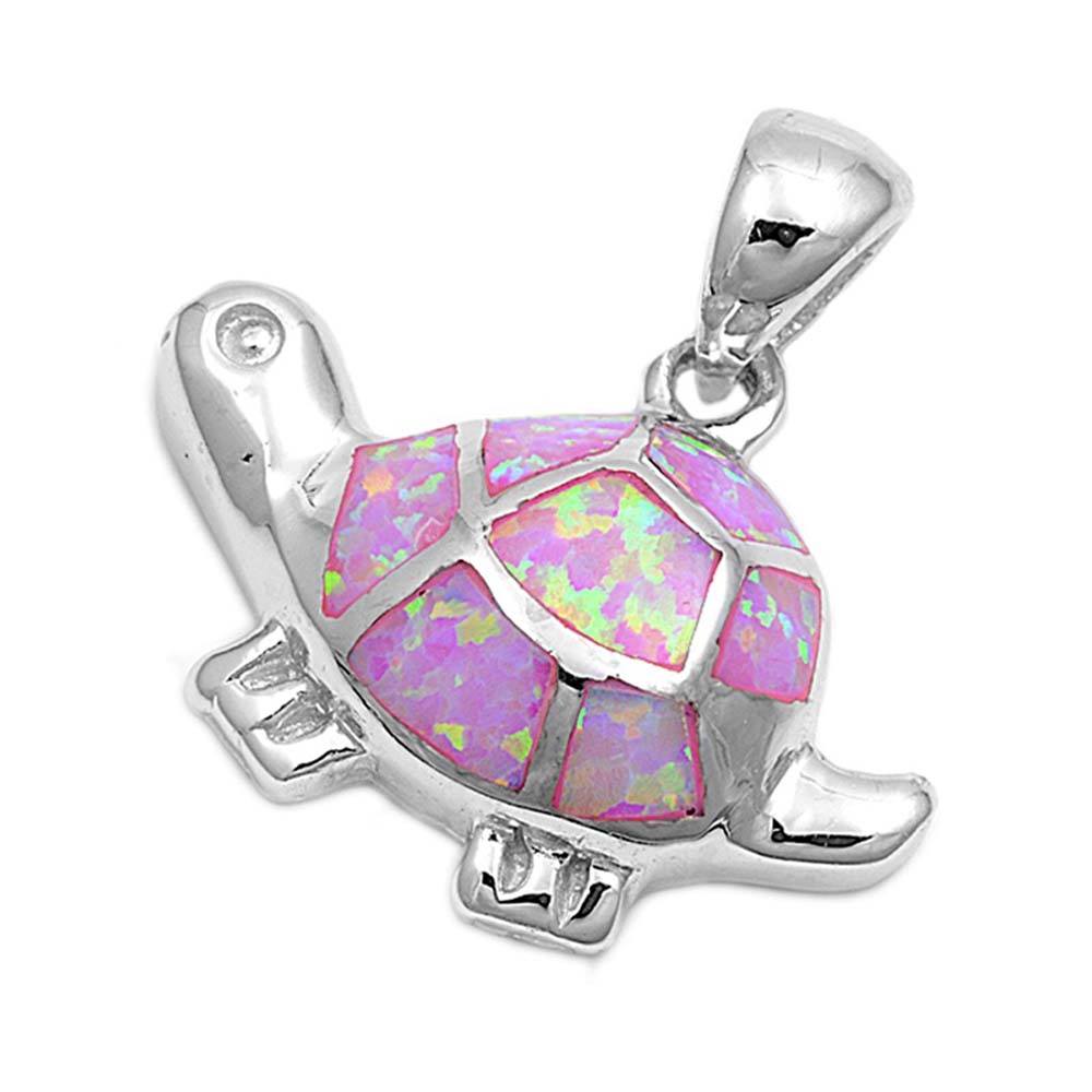 Sterling Silver Stylish Modern Turtle with Pink Lab Opal PendantAnd Pendant Height of 18MM