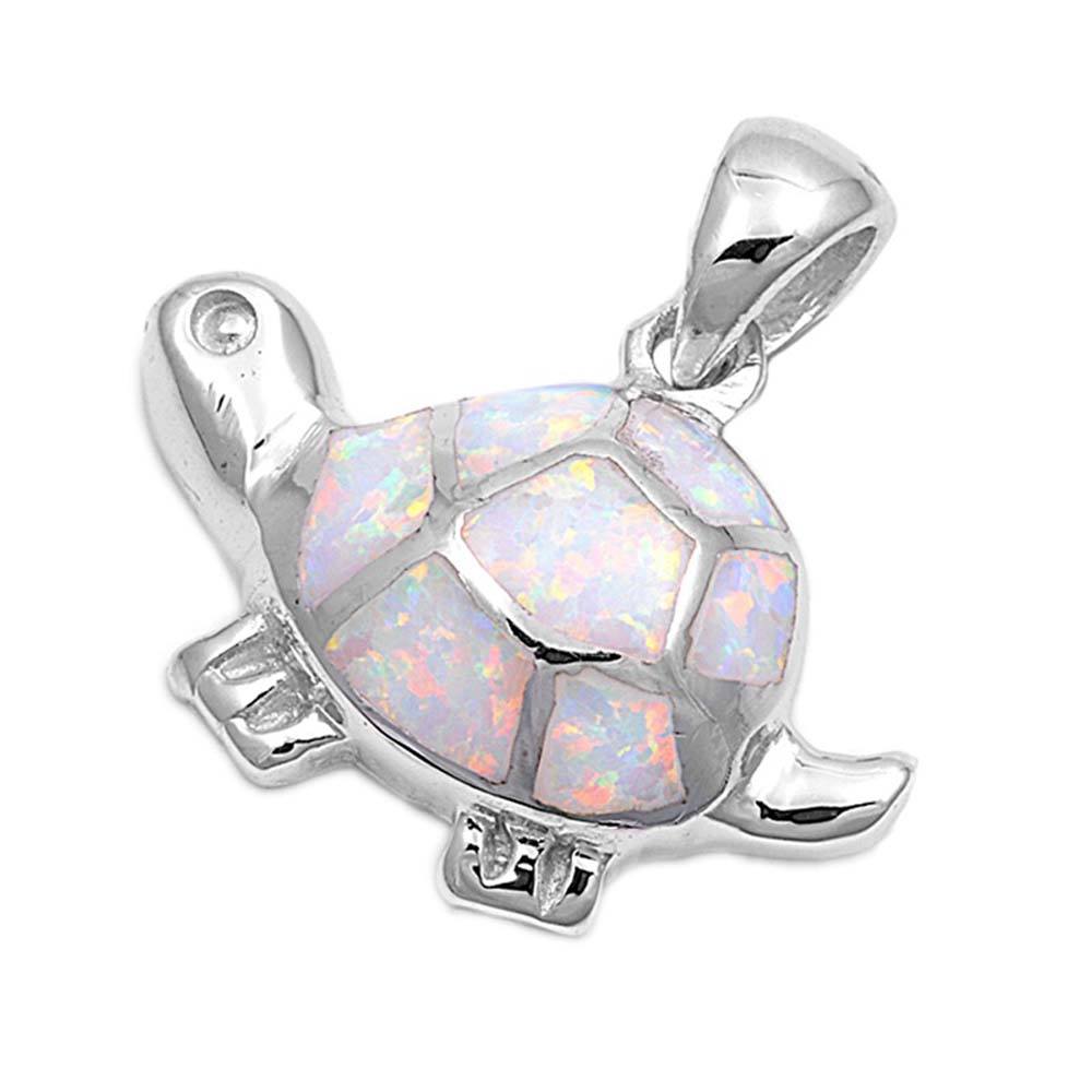Sterling Silver Stylish Modern Turtle with White Lab Opal PendantAnd Pendant Height of 18MM