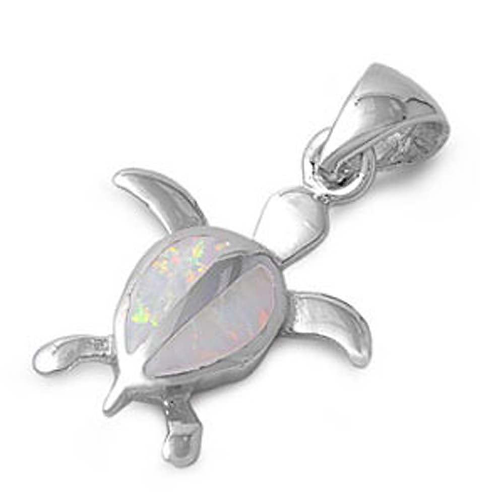 Sterling Silver Modish Small Turtle with White Lab Opal PendantAnd Pendant Height of 20MM