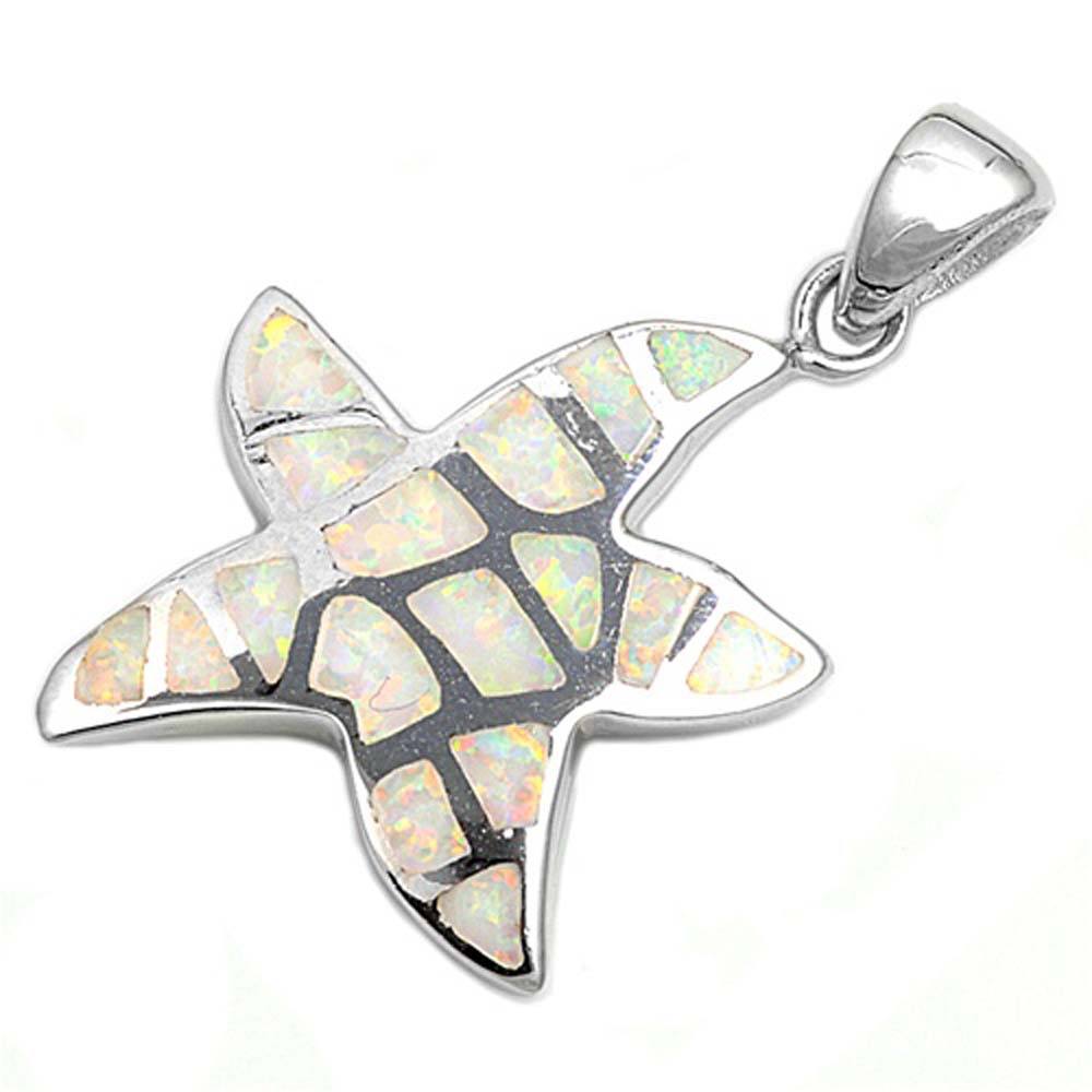 Sterling Silver Starfish Shape White Lab Opal PendantAnd Pendant Height 22mm