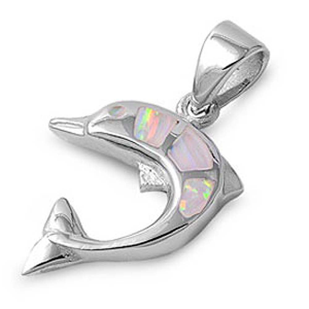 Sterling Silver Stylish Dolphin with White Lab Opal PendantAnd Pendant Height of 20MM