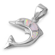 Load image into Gallery viewer, Sterling Silver Stylish Dolphin with White Lab Opal PendantAnd Pendant Height of 20MM