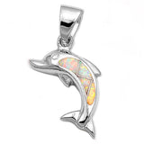 Sterling Silver Stylish Dolphin with White Lab Opal PendantAnd Pendant Height of 15MM