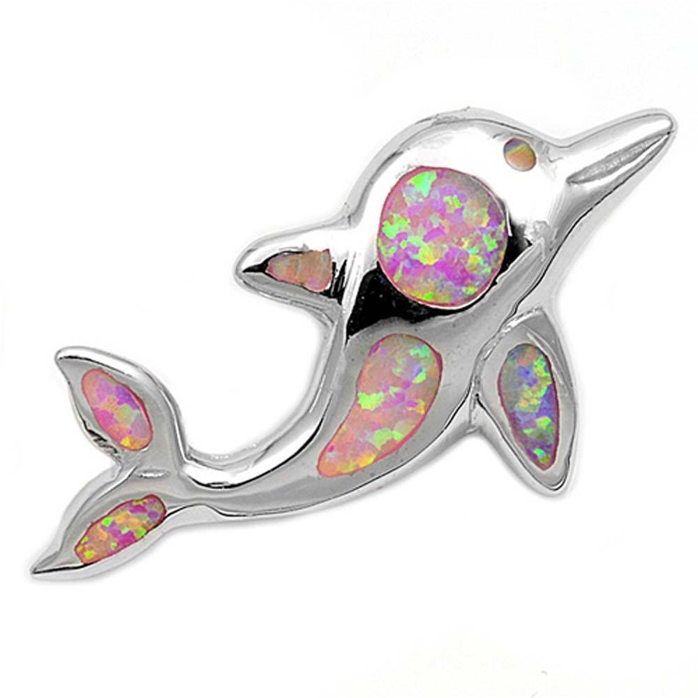 Sterling Silver Fancy Dolphin with Pink Lab Opal PendantAnd Pendant Height of 32MM