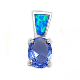 Sterling Silver Blue Sapphire CZ Stone Oval Prong with Blue Lab Opal BailAnd Pendant Height of 17MM