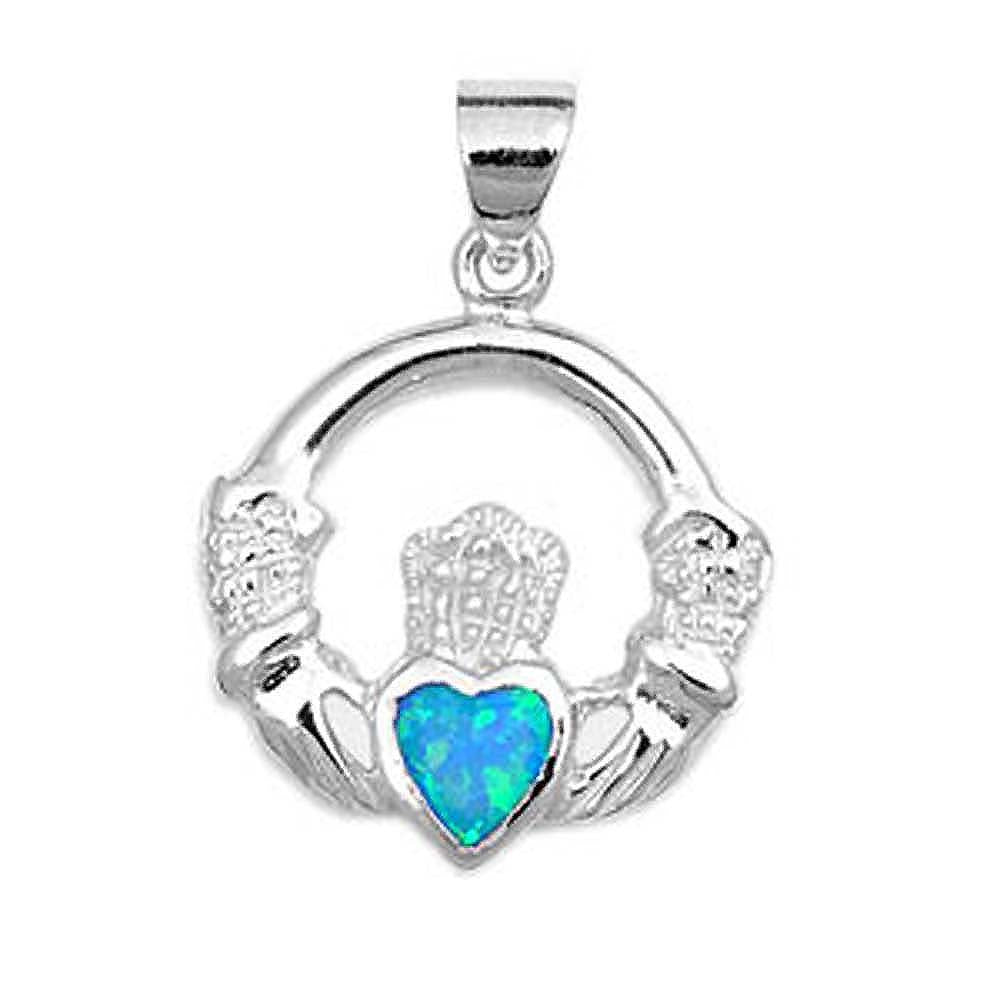 Sterling Silver Stylish Claddagh with Blue Lab Opal PendantAnd Pendant Height of 20MM