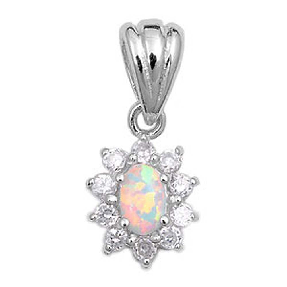 Sterling Silver Elegant Style Oval Pink Lab Opal with Round Clear CZ Stone PendantAnd Pendant Height of 12MM