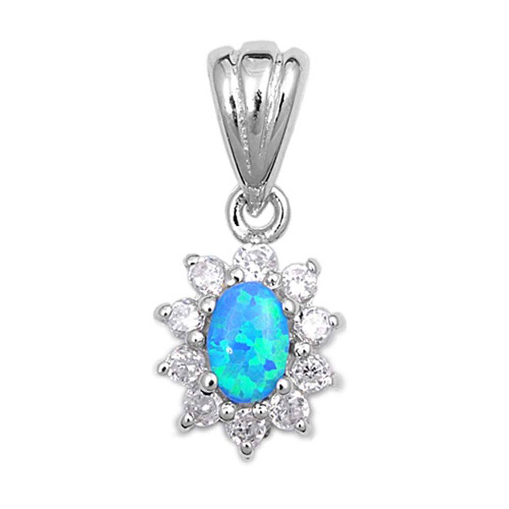 Sterling Silver Elegant Style Oval Blue Lab Opal with Round Clear CZ Stone PendantAnd Pendant Height of 12MM