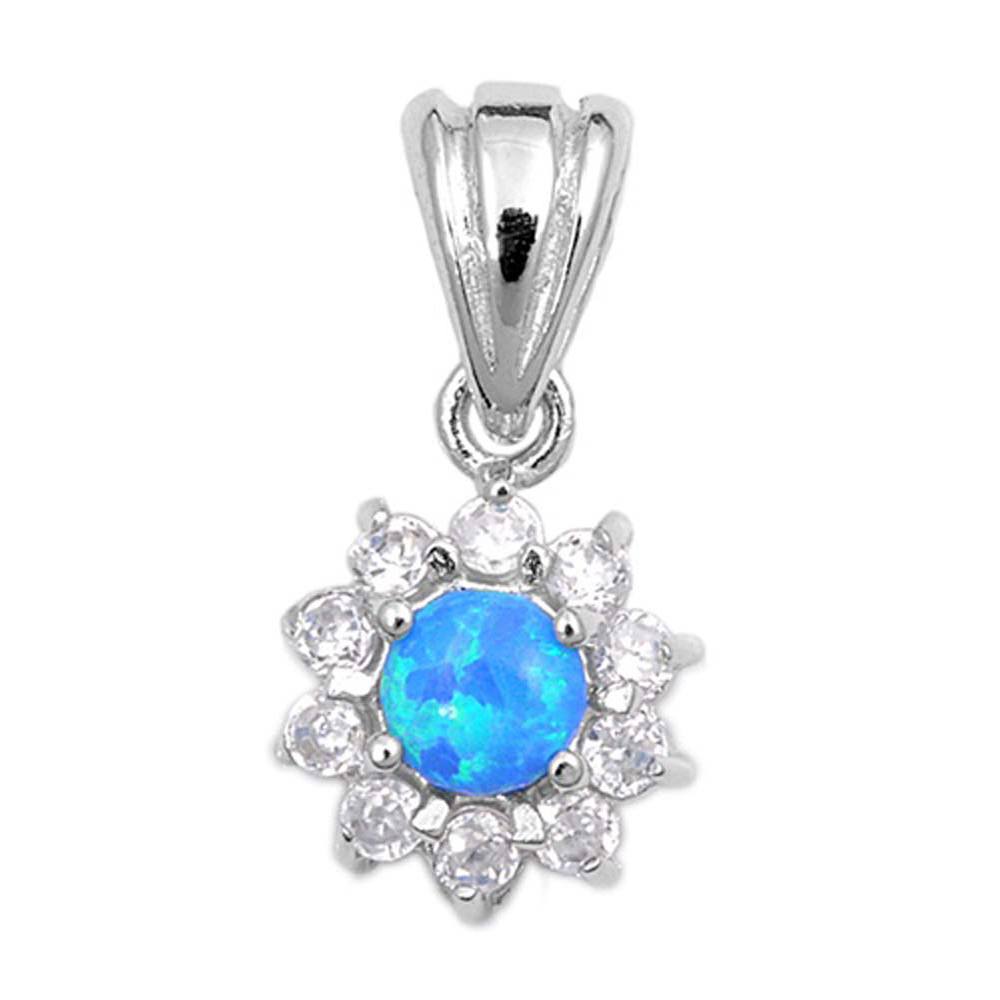 Sterling Silver Elegant Style Round Blue Lab Opal with Clear CZ Stone PendantAnd Pendant Height of 10MM