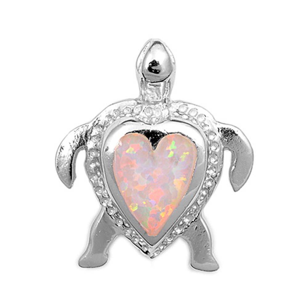 Sterling Silver Fancy Turtle Heart Shaped Pink Lab Opal Pendant with Pendant Height of 20MM