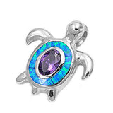 Sterling Silver Fancy Modish Flat Style Turtle with Blue Lab Opal and Amethyst CZ Stone PendantAnd Pendant Height of 18MM