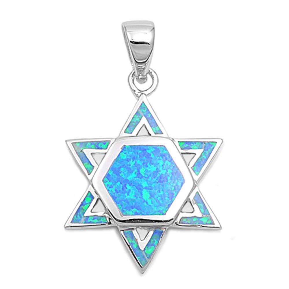 Sterling Silver Star Of David Shape Blue Lab Opal PendantAnd Pendant Height 20mm