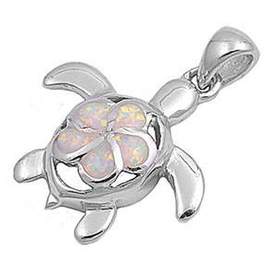 Sterling Silver Turtle  Plumeria Shape White Lab Opal PendantAnd Pendant Height 25mm
